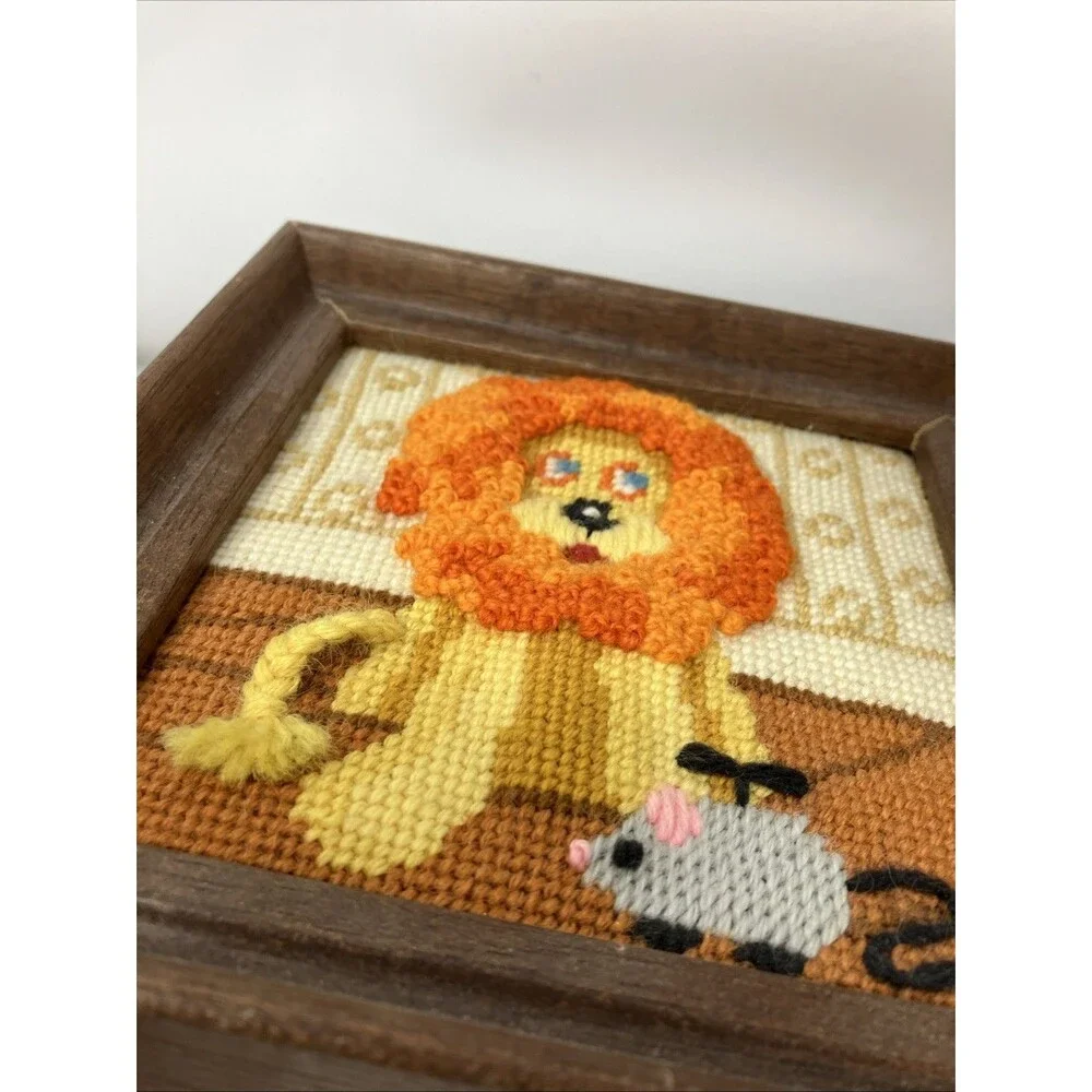 Needlepoint Framed Art Lot 3 Animals Lion Mouse Owl Cottagecore Nursery Small
